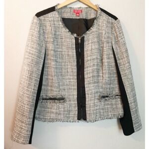 Elle Blazer Jacket Gray Black Fringe Full Zip Color Block Tweed Professory XL